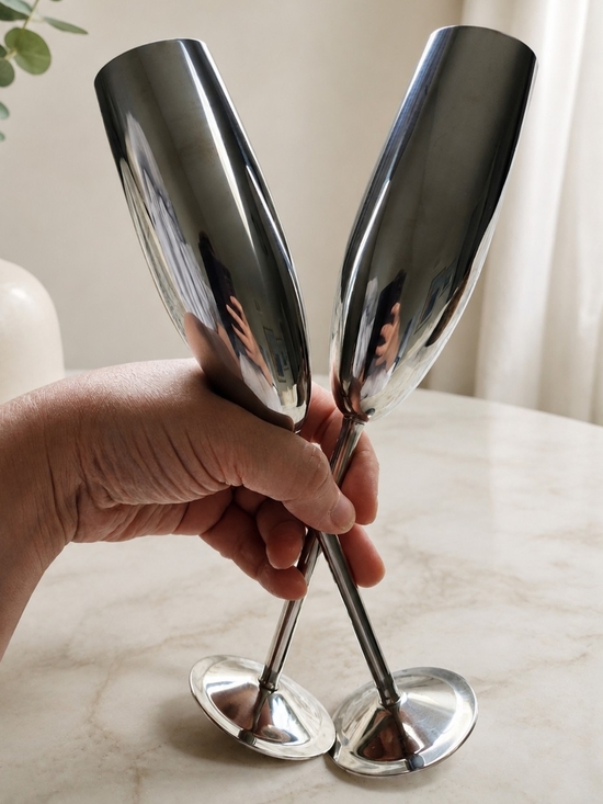 Other - Pair STAINLESS Steel Champagne Flutes Mirror Finish Polished Look Set Of 2